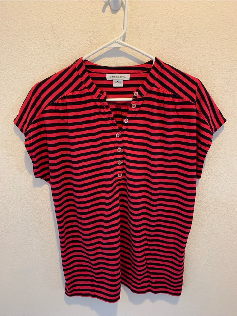 Liz Claiborne Red and Black Striped Short Sleeve Henley Top